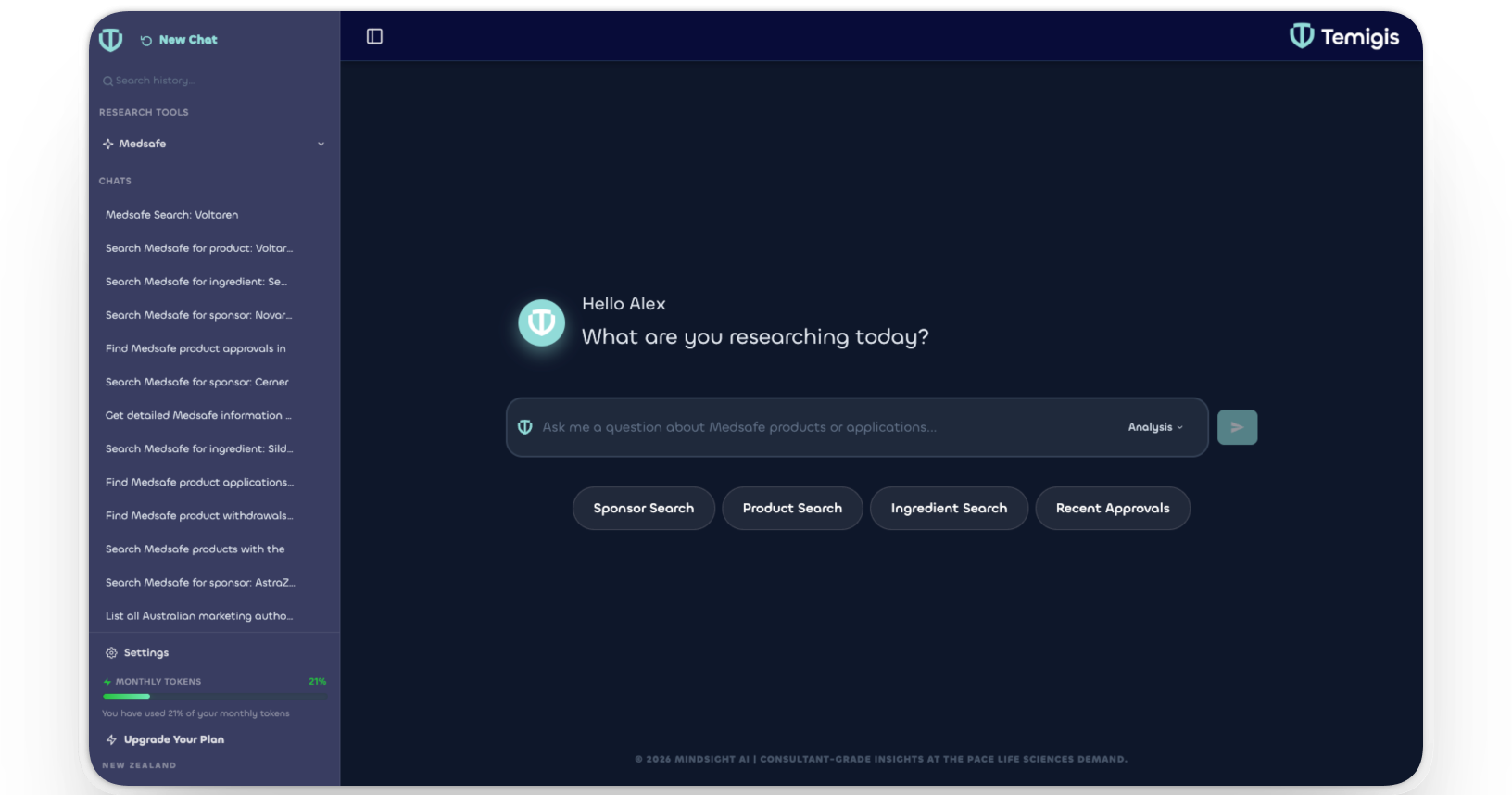 Temigis platform — AI-powered life sciences intelligence interface